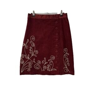 Anthropologie Basil & Maude Cranberry Corduroy Embroidered Skirt 2